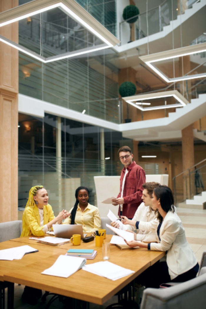 Coworkers in a modern office space