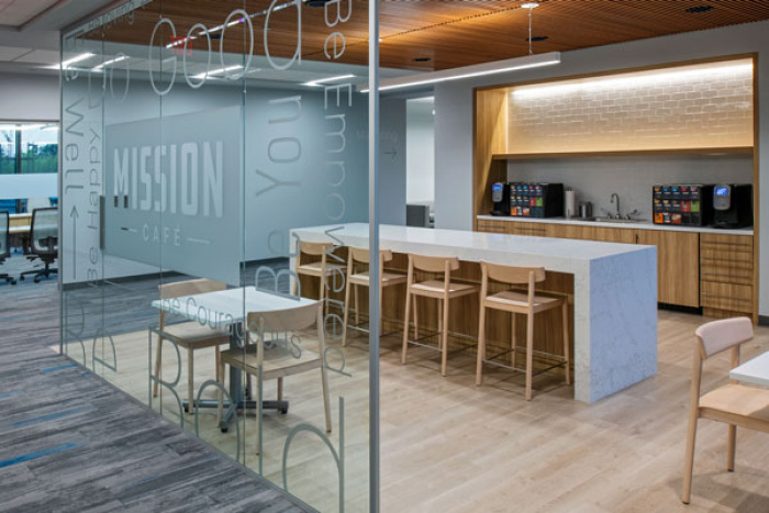 Cafe with inspirational words etched on glass wall