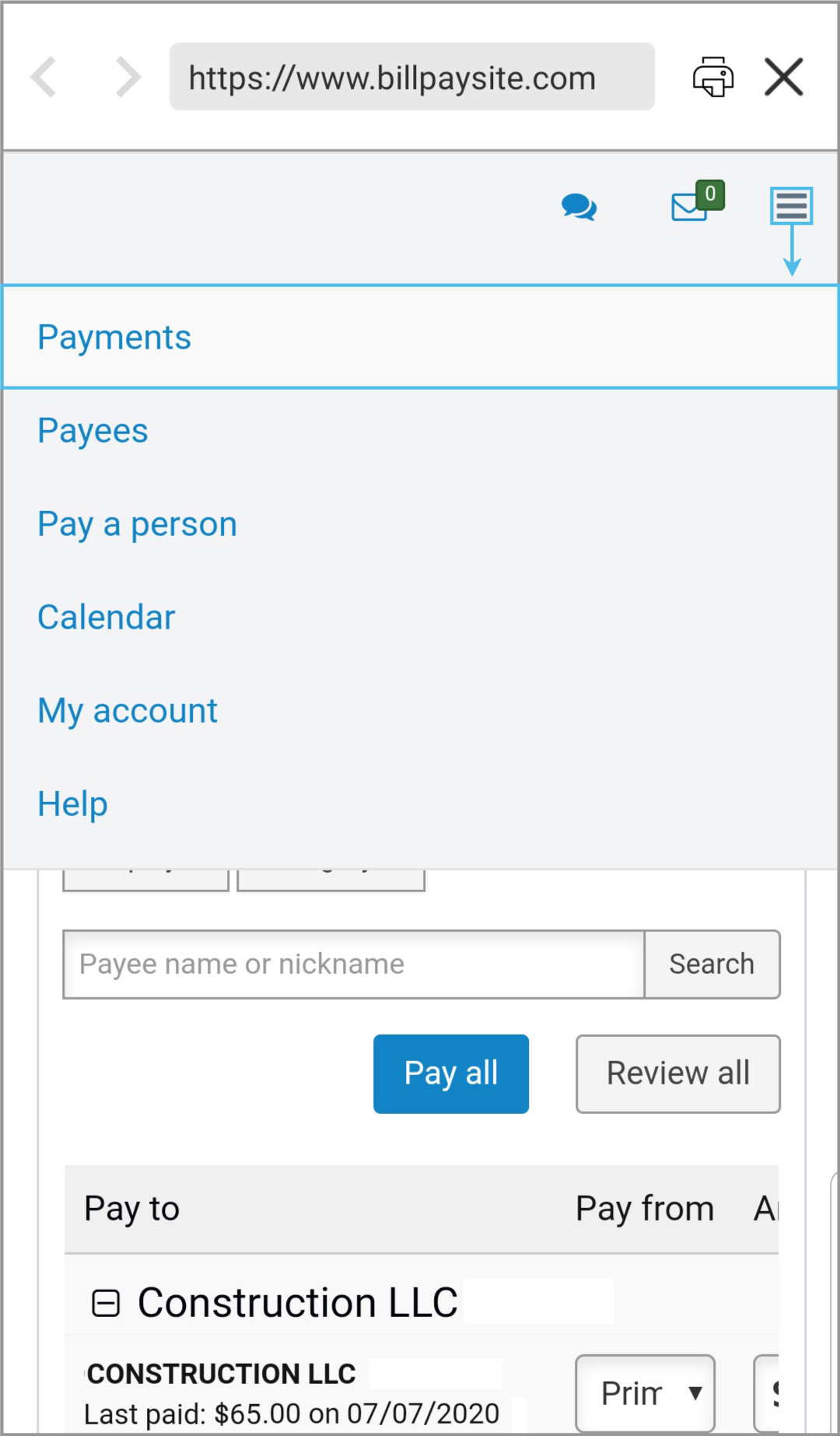 Navigate to Bill Pay and select My Account